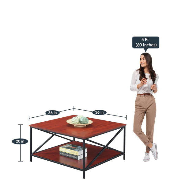 Metal Frame Base Wooden Center Coffee Table - Mahogany -