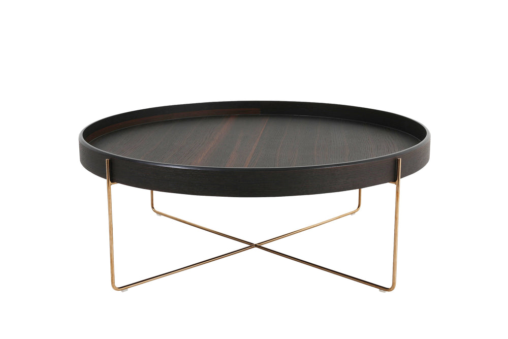Metal Frame Legs Base Wooden Round Coffee Table - Walnut & Gold -