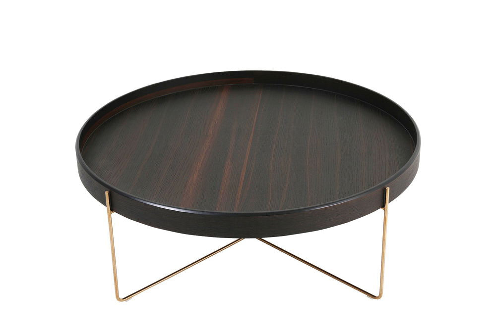 Metal Frame Legs Base Wooden Round Coffee Table - Walnut & Gold -