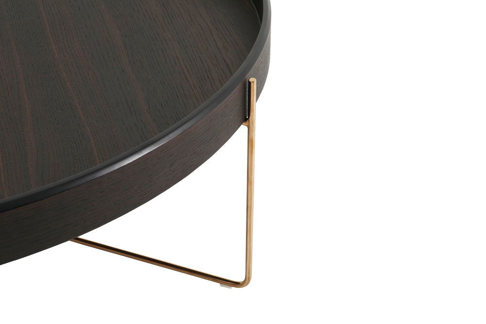 Metal Frame Legs Base Wooden Round Coffee Table - Walnut & Gold -