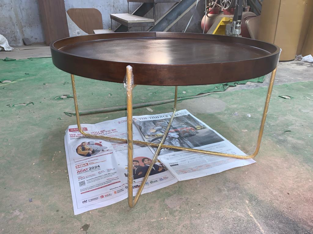 Metal Frame Legs Base Wooden Round Coffee Table - Walnut & Gold -