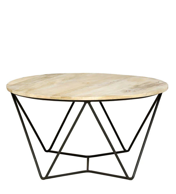 Metal Frame Legs Base Wooden Round Top Coffee Center Table -