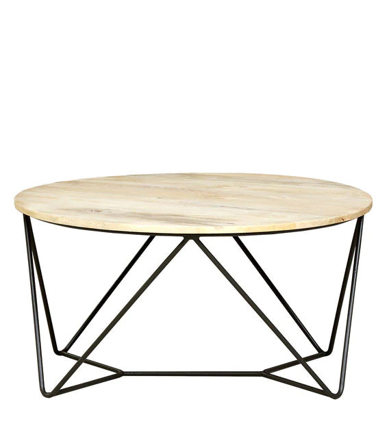 Metal Frame Legs Base Wooden Round Top Coffee Center Table -