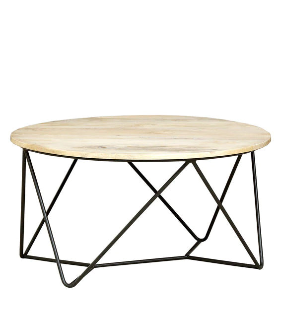 Metal Frame Legs Base Wooden Round Top Coffee Center Table -