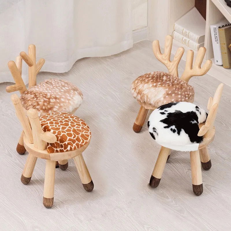 Modern Funny Animal Backrest Wood Stool Armless Accent Chair with 4-Leg for Kids in Oak Finish Style -