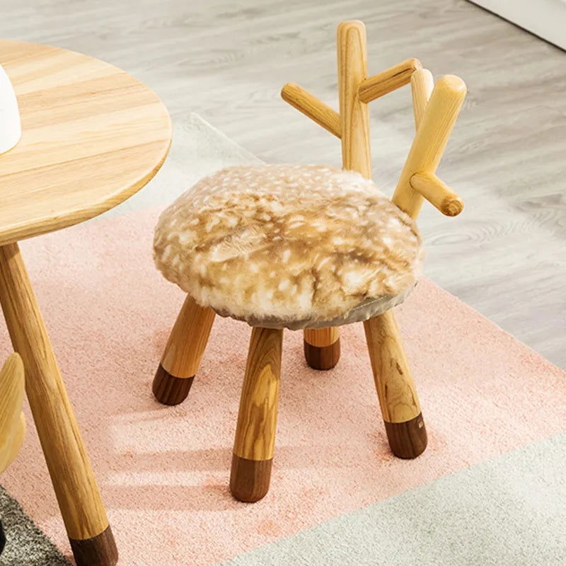 Modern Funny Animal Backrest Wood Stool Armless Accent Chair with 4-Leg for Kids in Oak Finish Style -