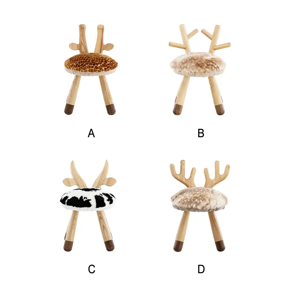 Modern Funny Animal Backrest Wood Stool Armless Accent Chair with 4-Leg for Kids in Oak Finish Style -