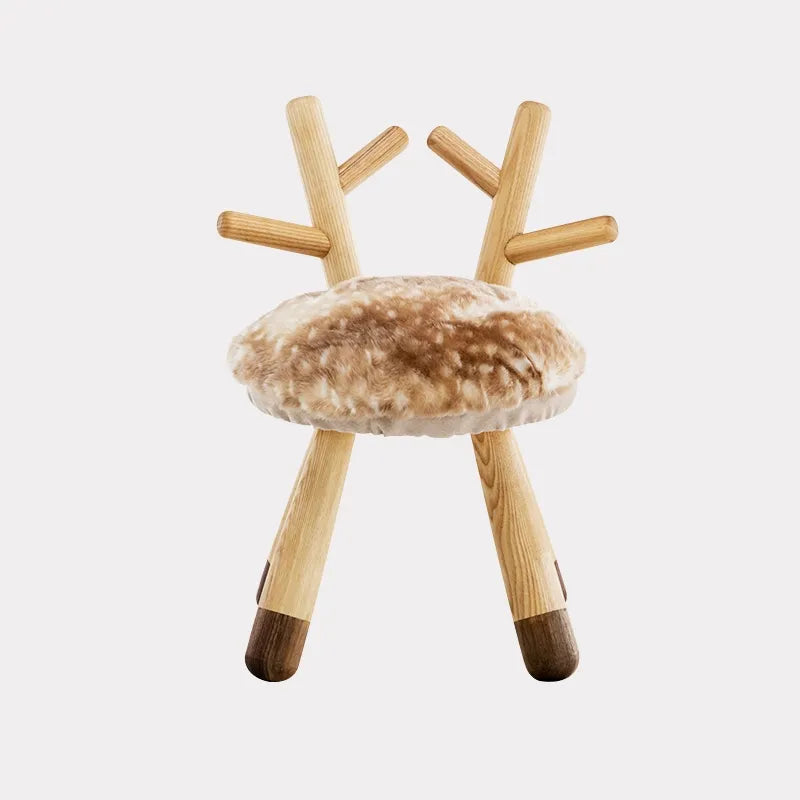 Modern Funny Animal Backrest Wood Stool Armless Accent Chair with 4-Leg for Kids in Oak Finish Style -