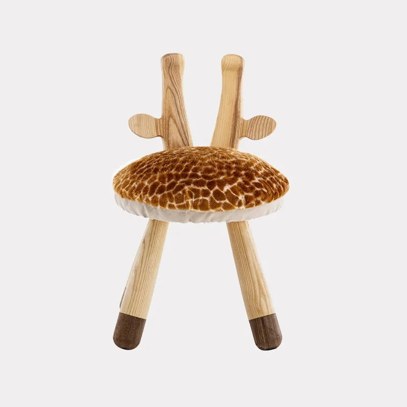 Modern Funny Animal Backrest Wood Stool Armless Accent Chair with 4-Leg for Kids in Oak Finish Style -