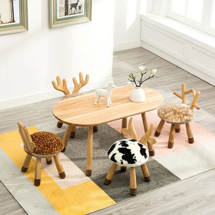 Modern Funny Animal Backrest Wood Stool Armless Accent Chair with 4-Leg for Kids in Oak Finish Style -