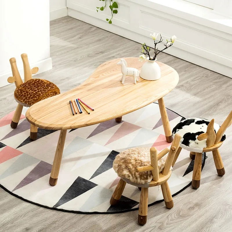 Modern Funny Animal Backrest Wood Stool Armless Accent Chair with 4-Leg for Kids in Oak Finish Style -