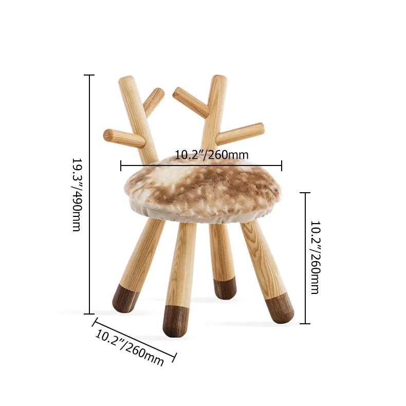 Modern Funny Animal Backrest Wood Stool Armless Accent Chair with 4-Leg for Kids in Oak Finish Style -