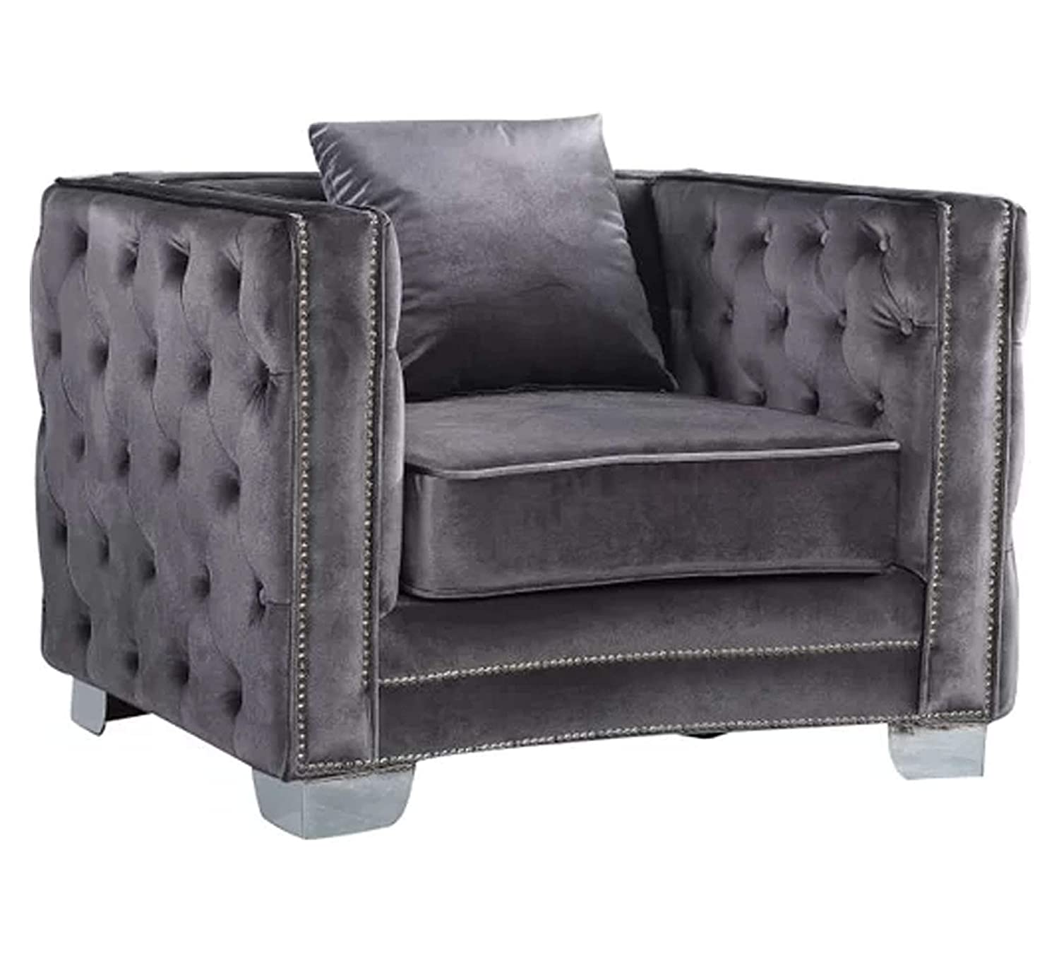 Modern Velvet Chair in Grey/Beige/Royal Blue -