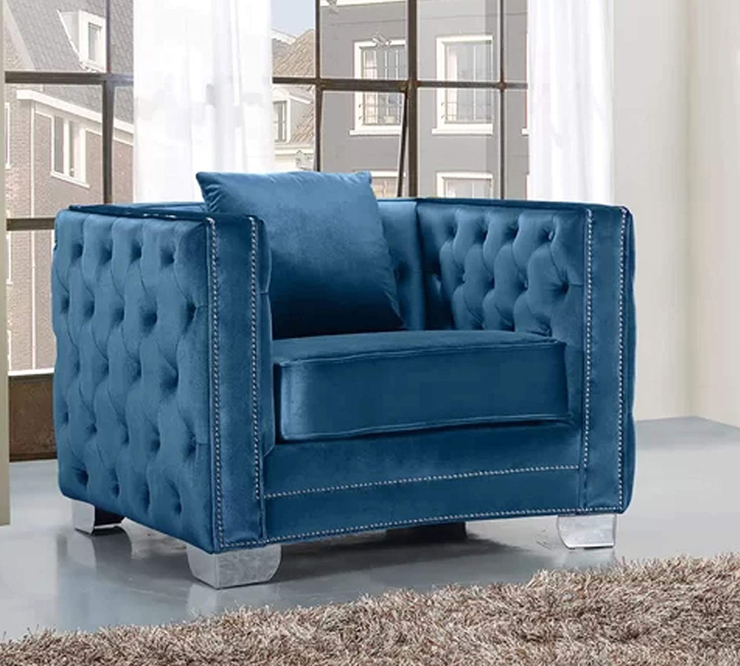 Modern Velvet Chair in Grey/Beige/Royal Blue -