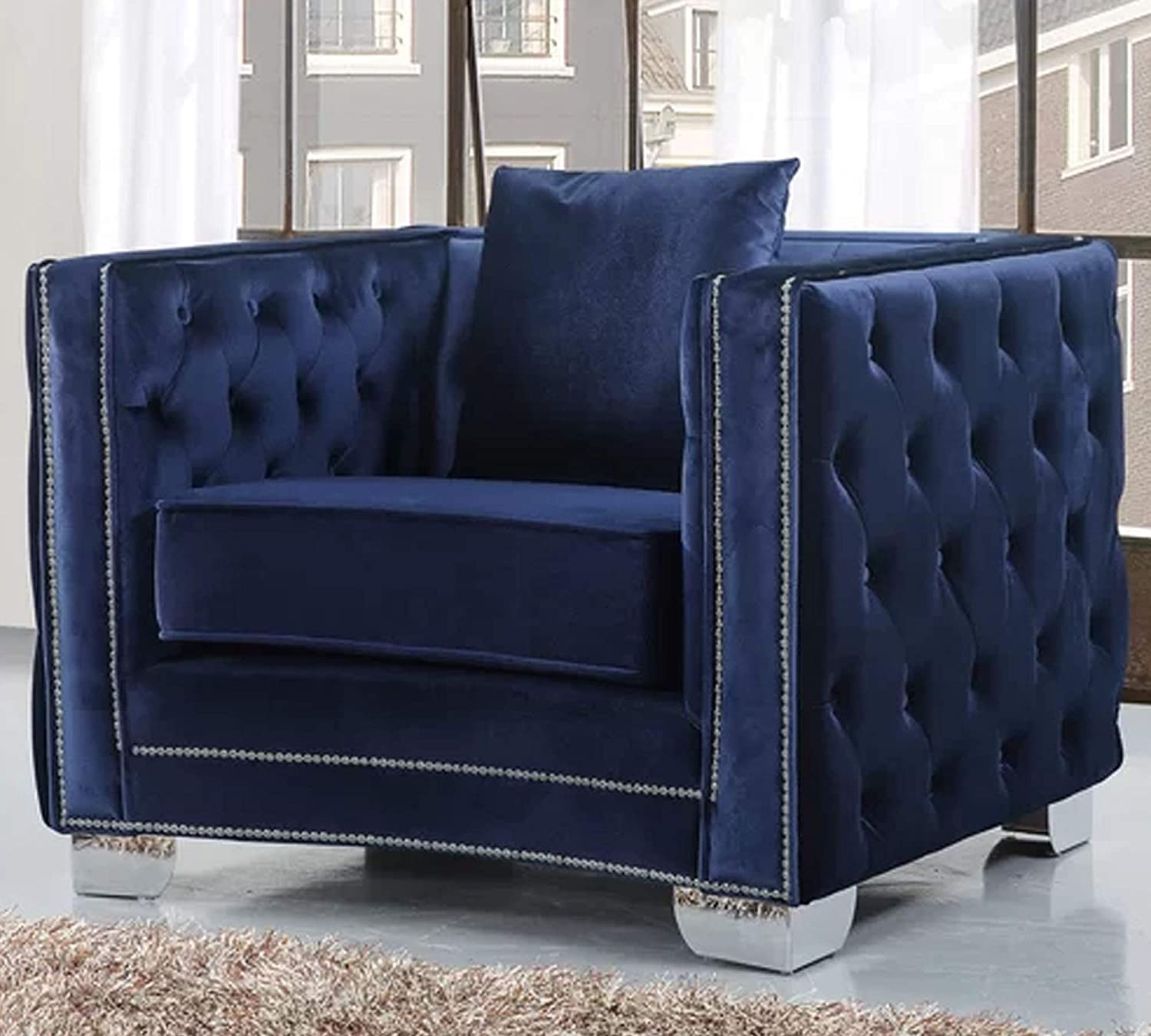 Modern Velvet Chair in Grey/Beige/Royal Blue -