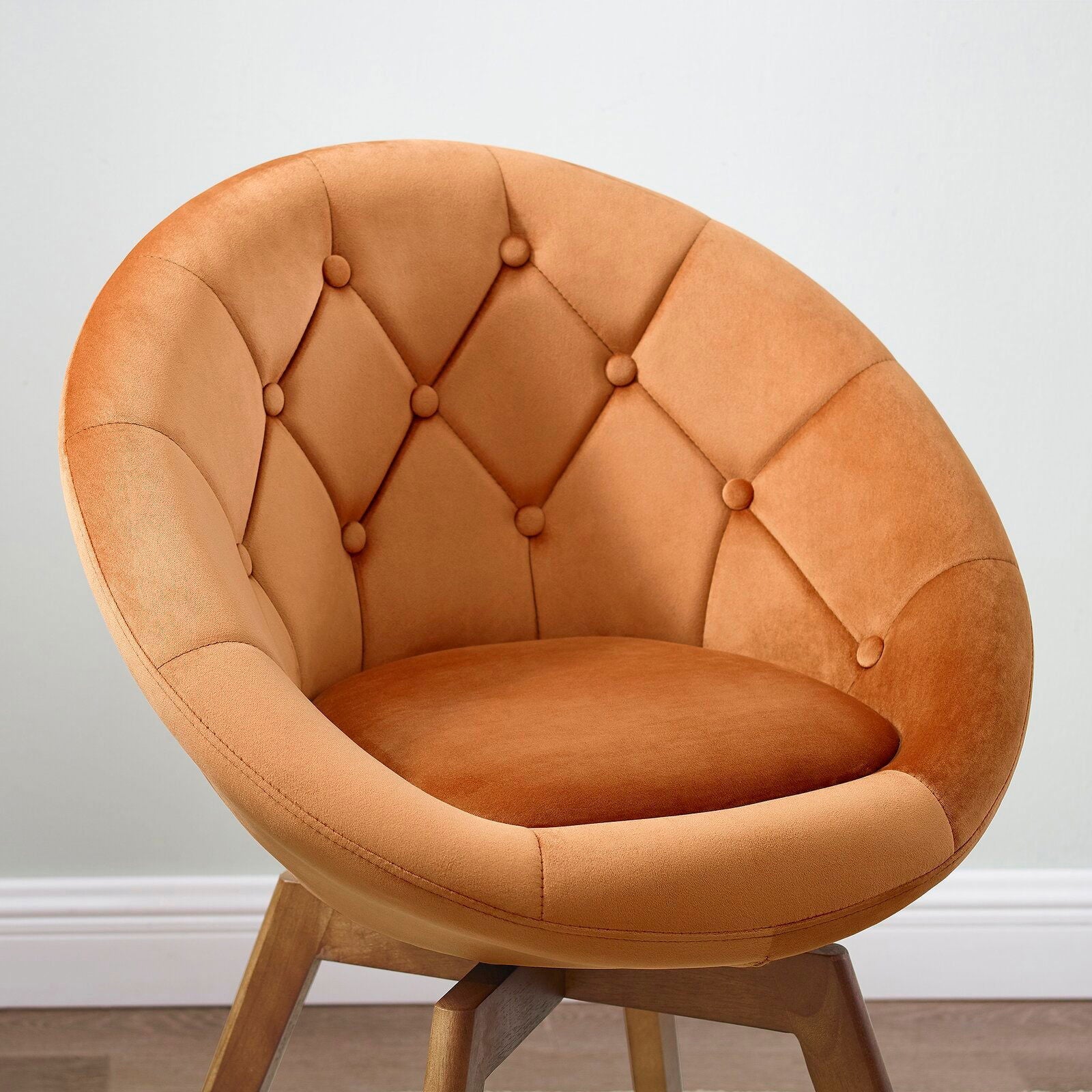 Modern Velvet Tufted Round Back Upholstered Swivel Accent Chair Grey with Teak Legs -