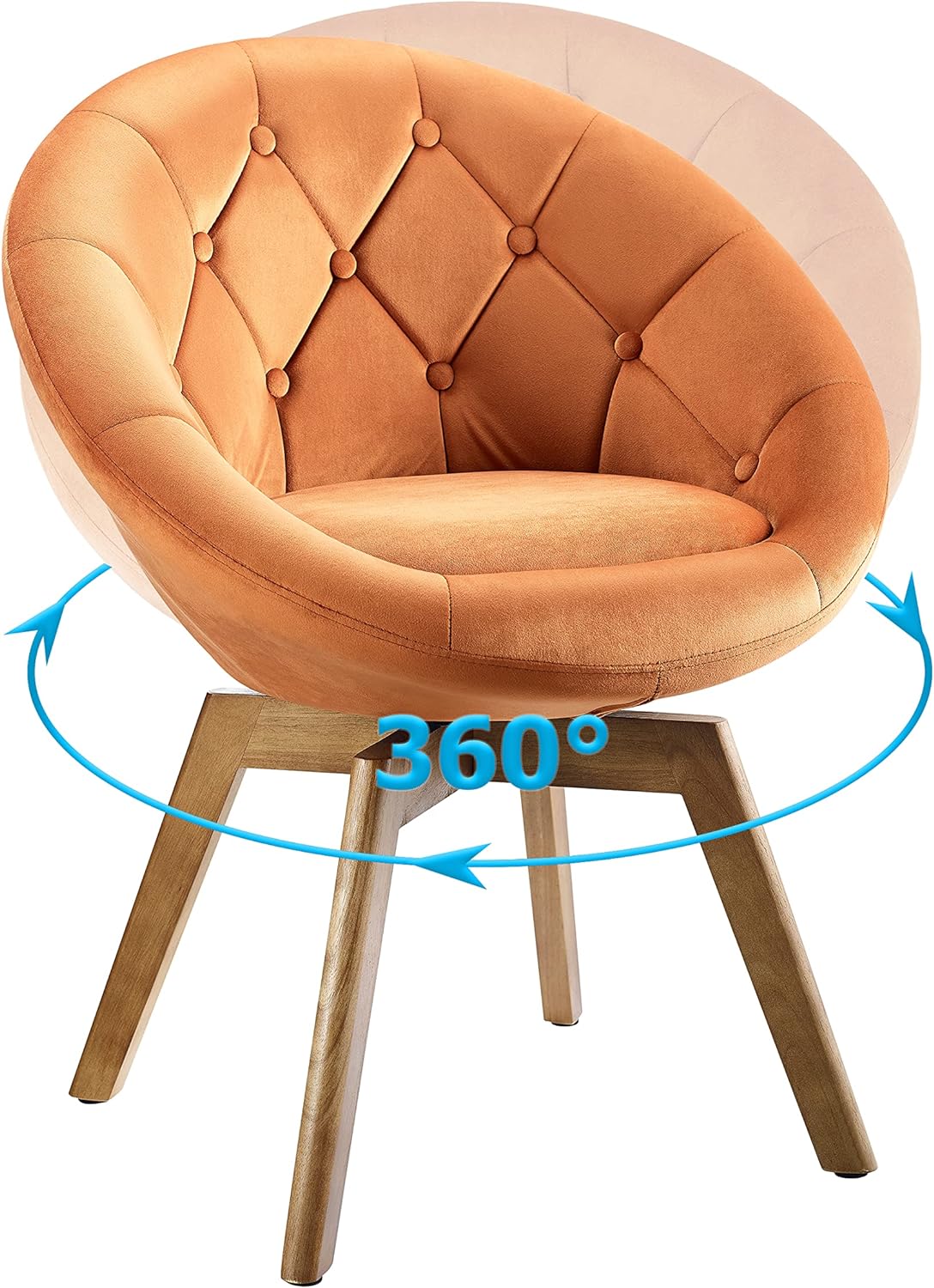 Modern Velvet Tufted Round Back Upholstered Swivel Accent Chair Grey with Teak Legs -