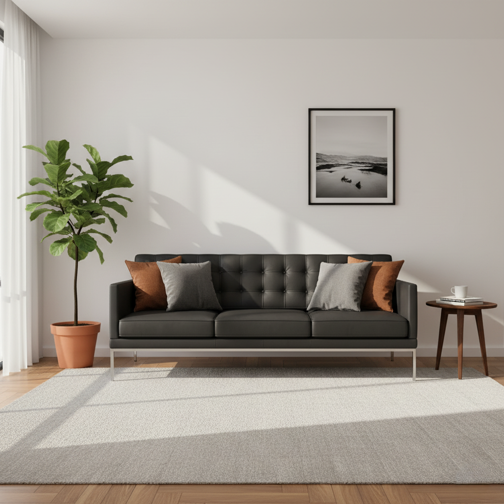 Modern living room with a gray sofa, decorative pillows, a plant, and a framed picture on the wall.