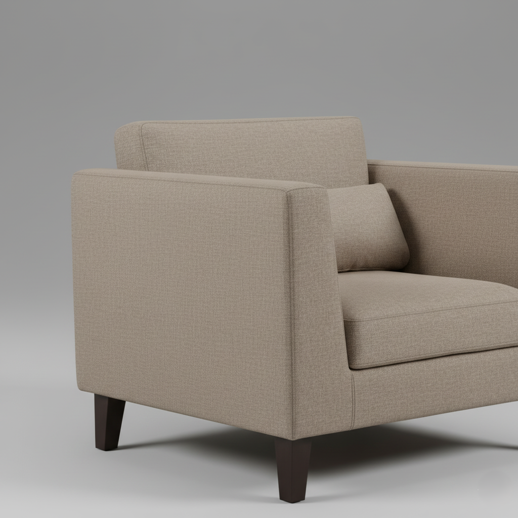 घरेलू फर्नीचर के लिए 3 सीटर सोफा, मरांडी लकड़ी के फ्रेम में बना, लेदरेट असबाब और मुलायम गद्देदार और सागौन की लकड़ी के पैरों के साथ