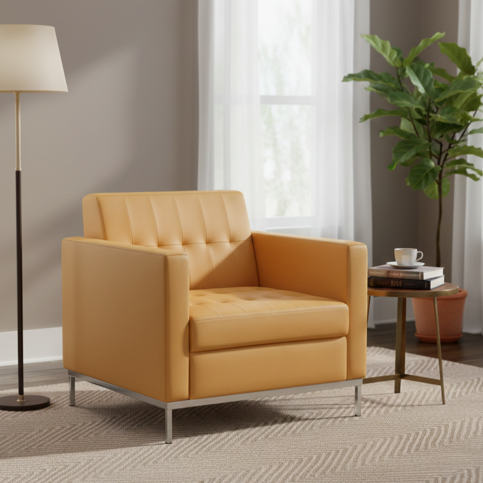Yellow armchair in a living room setting with a lamp, plant, and small table.