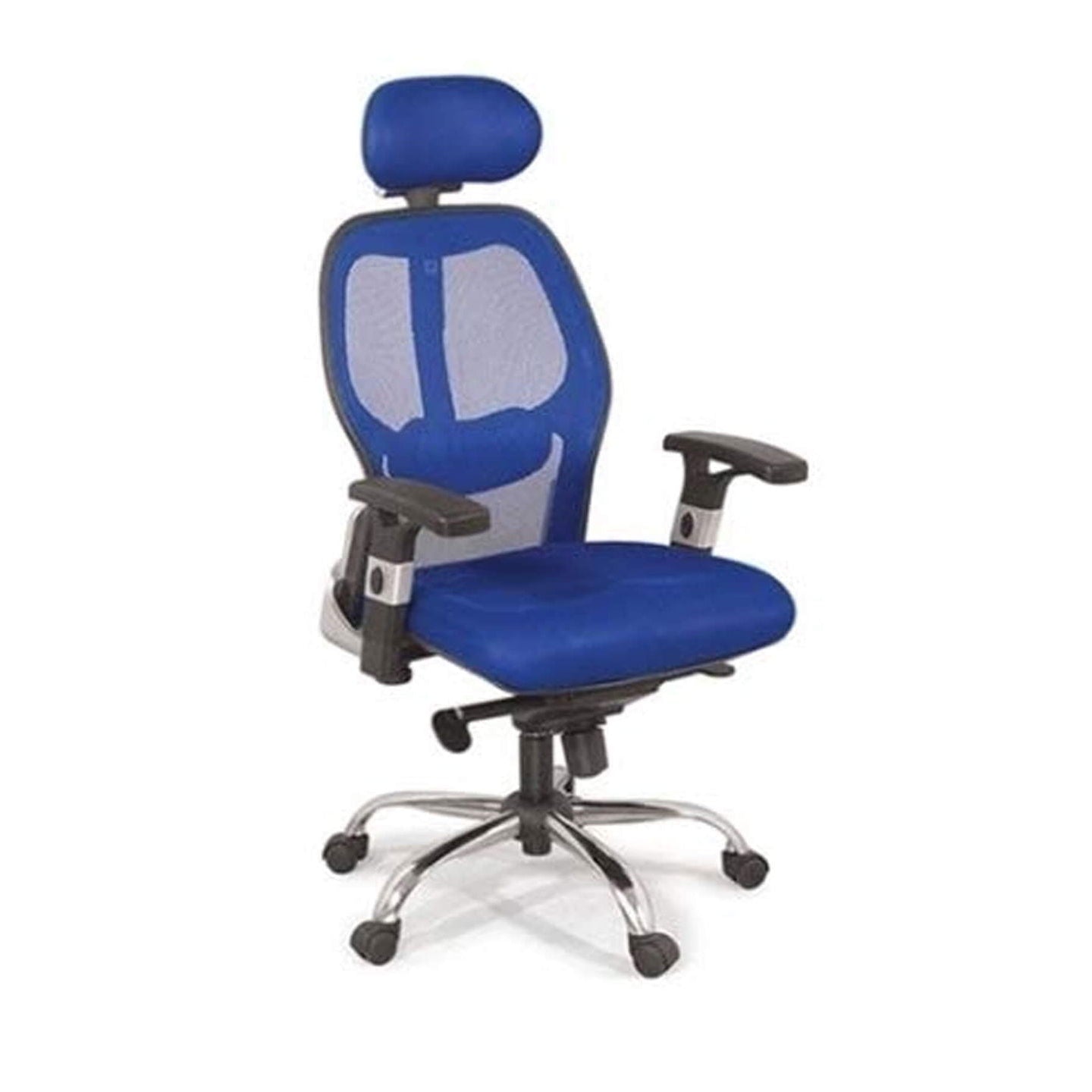An office executive chair with headrest, featuring a blue mesh backrest and seat, with a chrome nylon base and armrests.