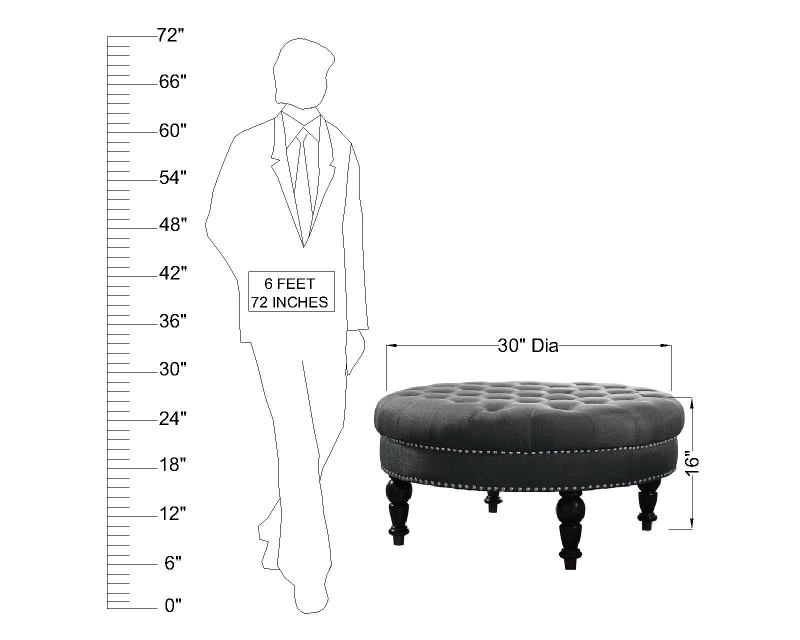 ठोस लकड़ी का फ्रेम, पैर, आधार कपड़ा, गोल ओटोमन