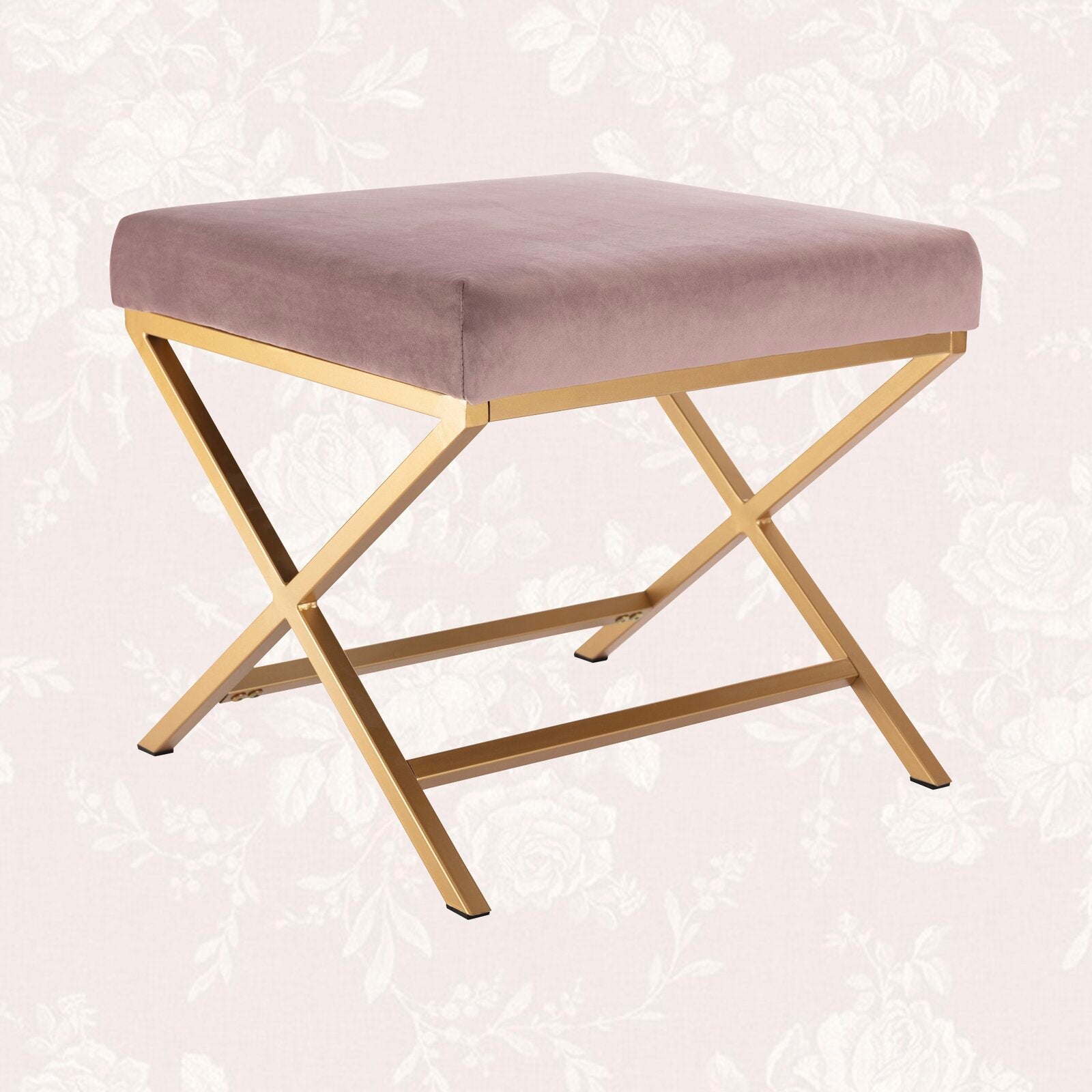 फ़ैब्रिक अपहोल्स्ट्री और धातु के पैरों वाला ओटोमन