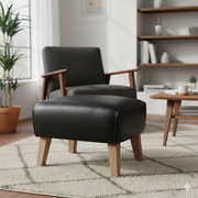 लेदरेट अपहोल्स्ट्री और लकड़ी के बेस वाला ओटोमन