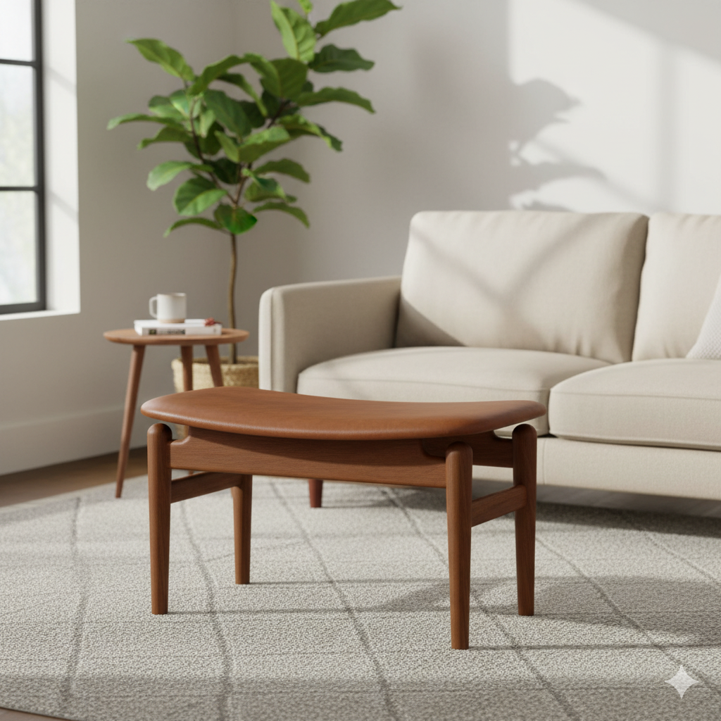 लेदरेट अपहोल्स्ट्री और लकड़ी के बेस वाला ओटोमन