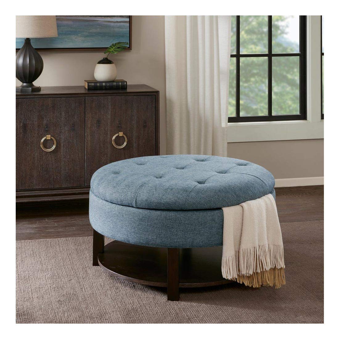Modern Round Storage Ottoman with Solid Wood Base & Lower Shelf - Blue Fabric Pouffe for Living Room