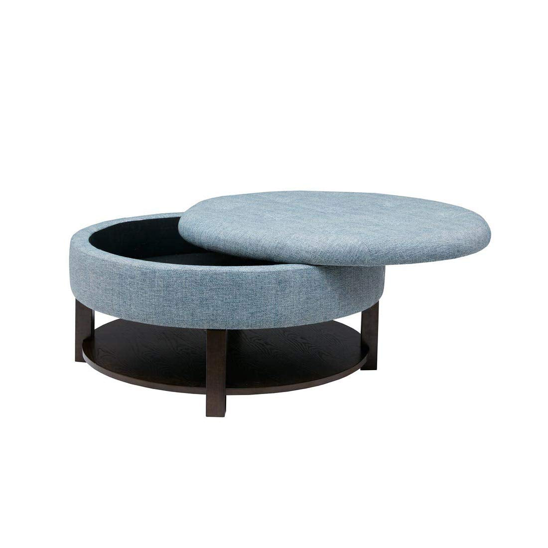 Modern Round Storage Ottoman with Solid Wood Base & Lower Shelf - Blue Fabric Pouffe for Living Room