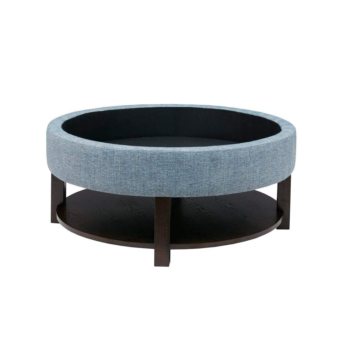 Modern Round Storage Ottoman with Solid Wood Base & Lower Shelf - Blue Fabric Pouffe for Living Room