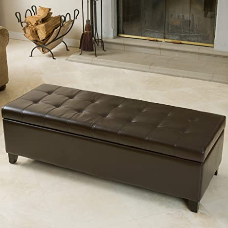 स्टोरेज के साथ लकड़ी के फ्रेम वाला लेदरेट ओटोमन