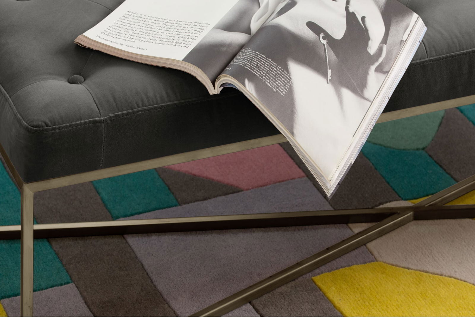 Ottoman in Fabric Upholstery & Metal Base -