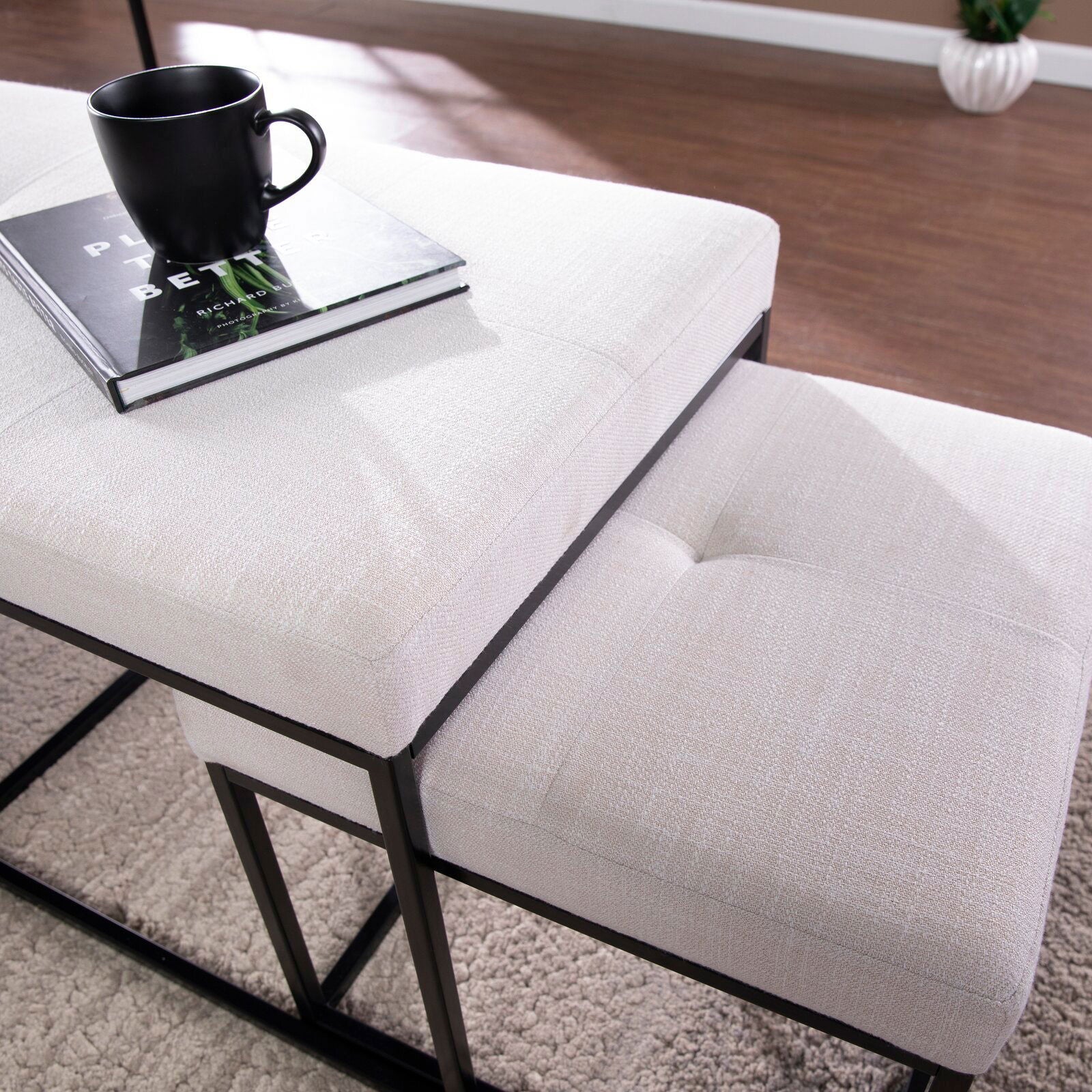 Ottoman in Fabric Upholstery & Metal Base -