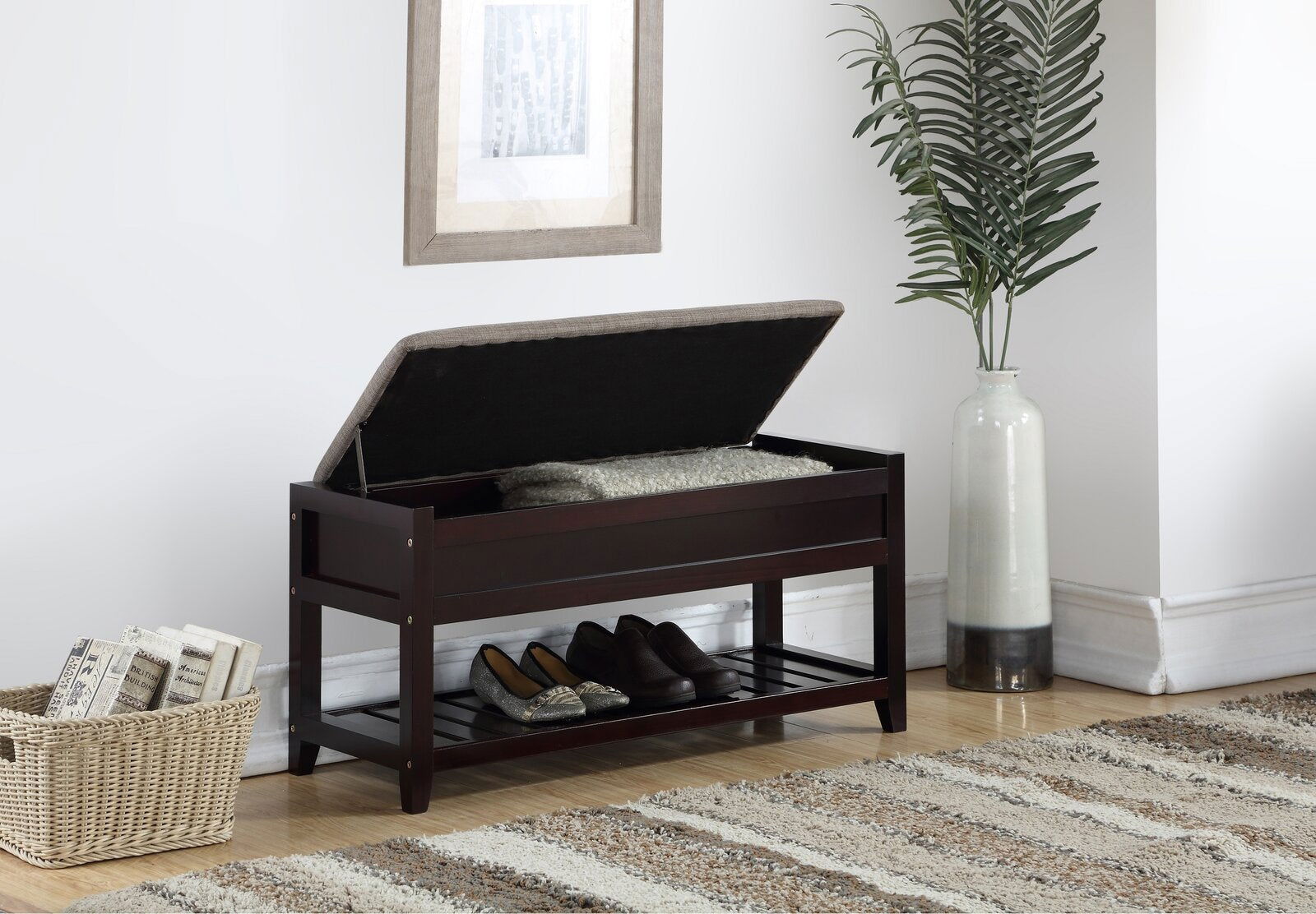 Ottoman in Fabric Upholstery & Wooden Base -