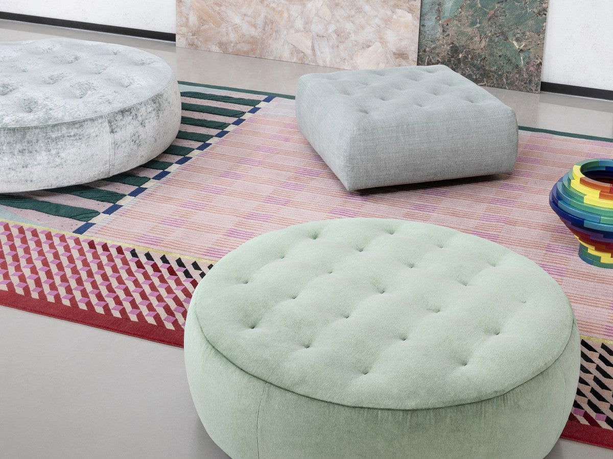 Ottoman in Fabric Upholstery & Wooden Base -