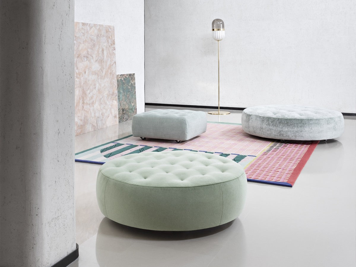 Ottoman in Fabric Upholstery & Wooden Base -
