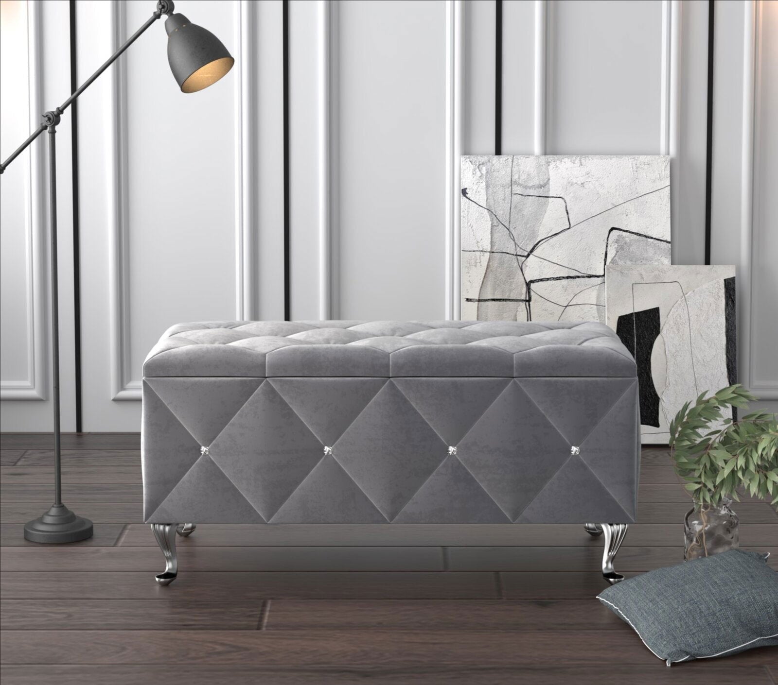 Ottoman with Storage in Fabric Upholstery & Metal Base -