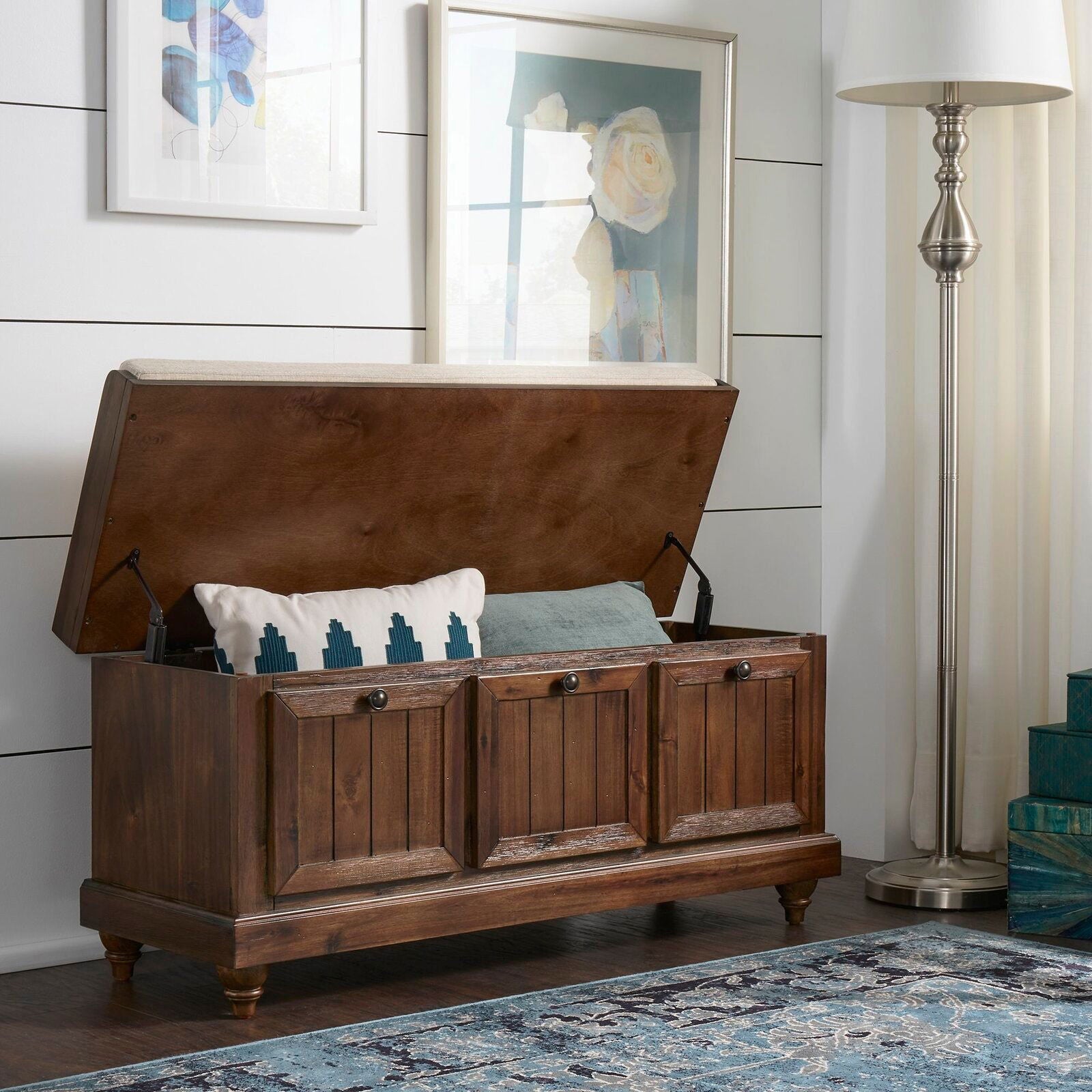 Ottoman with Storage in Fabric Upholstery & Wooden Base -