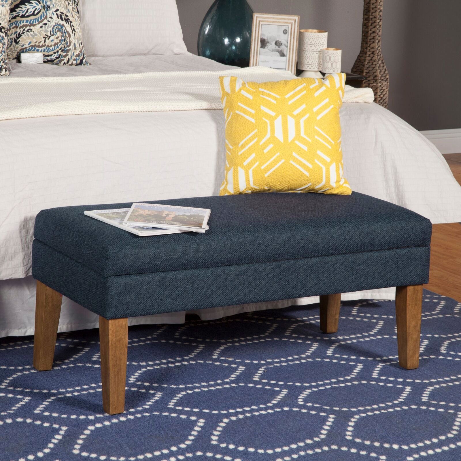 Ottoman with Storage in Fabric Upholstery & Wooden Base -