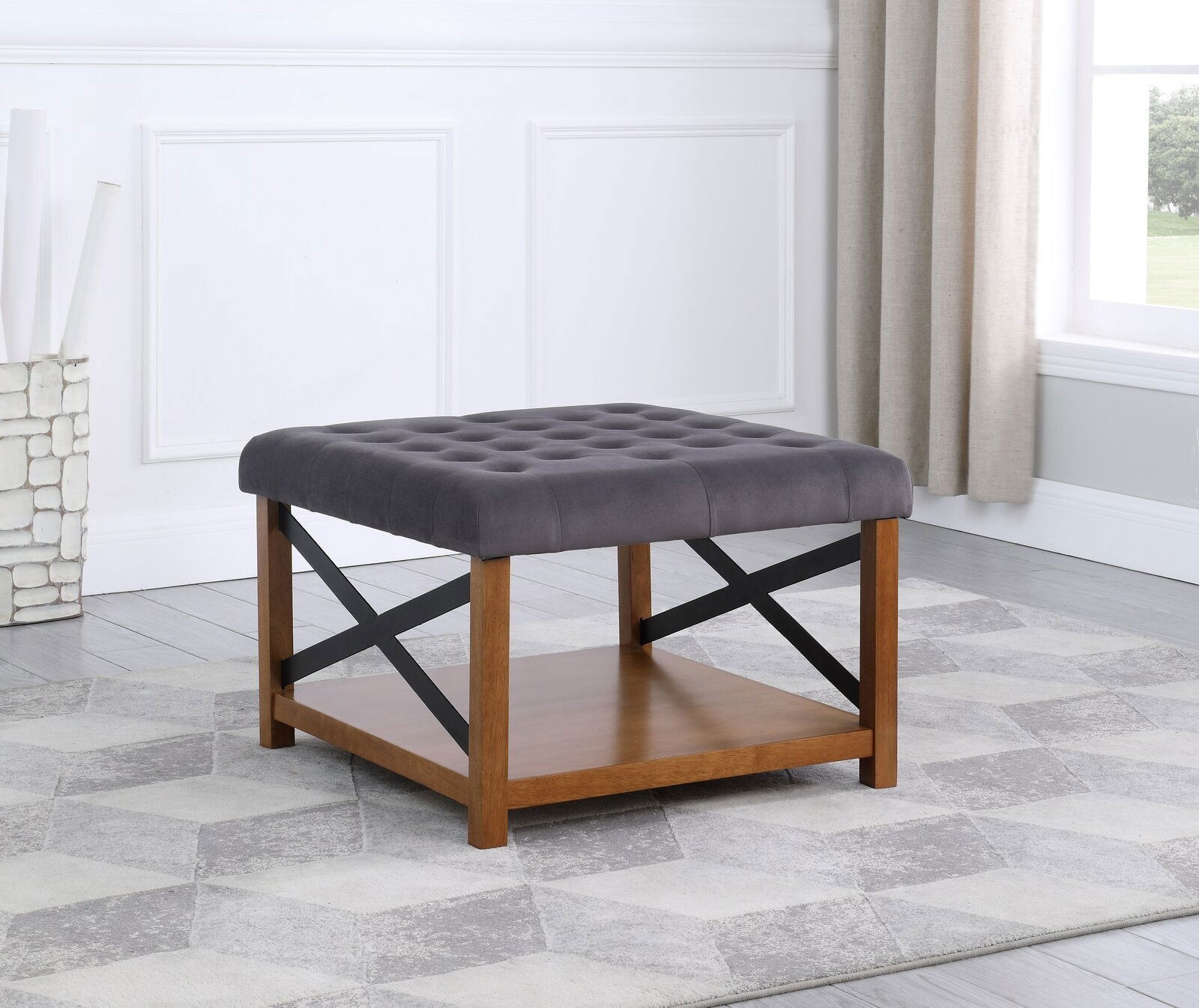 Ottoman with Storage in Fabric Upholstery & Wooden Base -