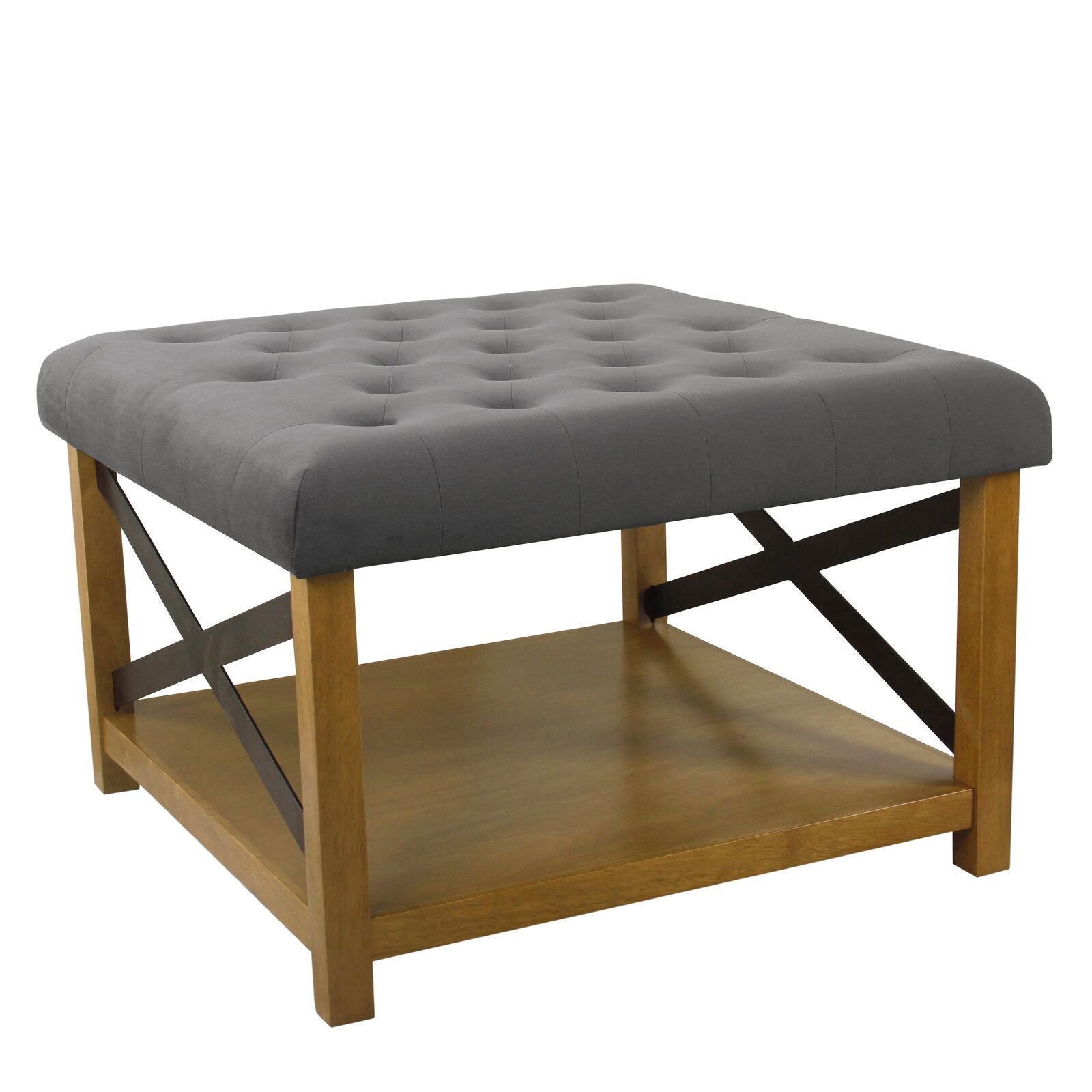Ottoman with Storage in Fabric Upholstery & Wooden Base -