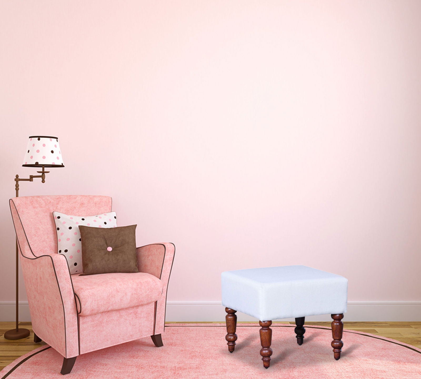 Ottoman with Wooden Legs Fully Cushioned Cotton Fabric -