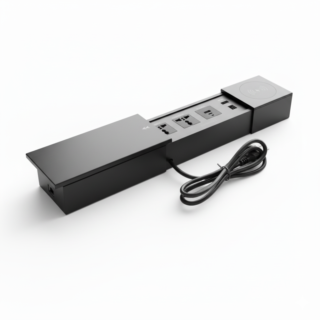 Power strip with multiple outlets and a cable on a white background