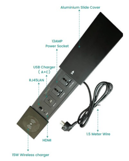 Black power strip with various ports and features labeled on a white background