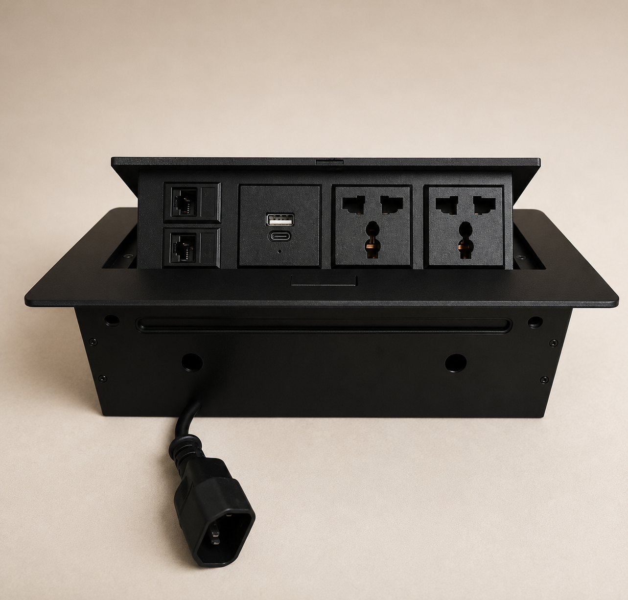 Flip Up Power Socket Box with USB Charging, Internet Ports and Dual Power Outlets for Office Tables, Conference Rooms, Meeting Desks and Workstations
