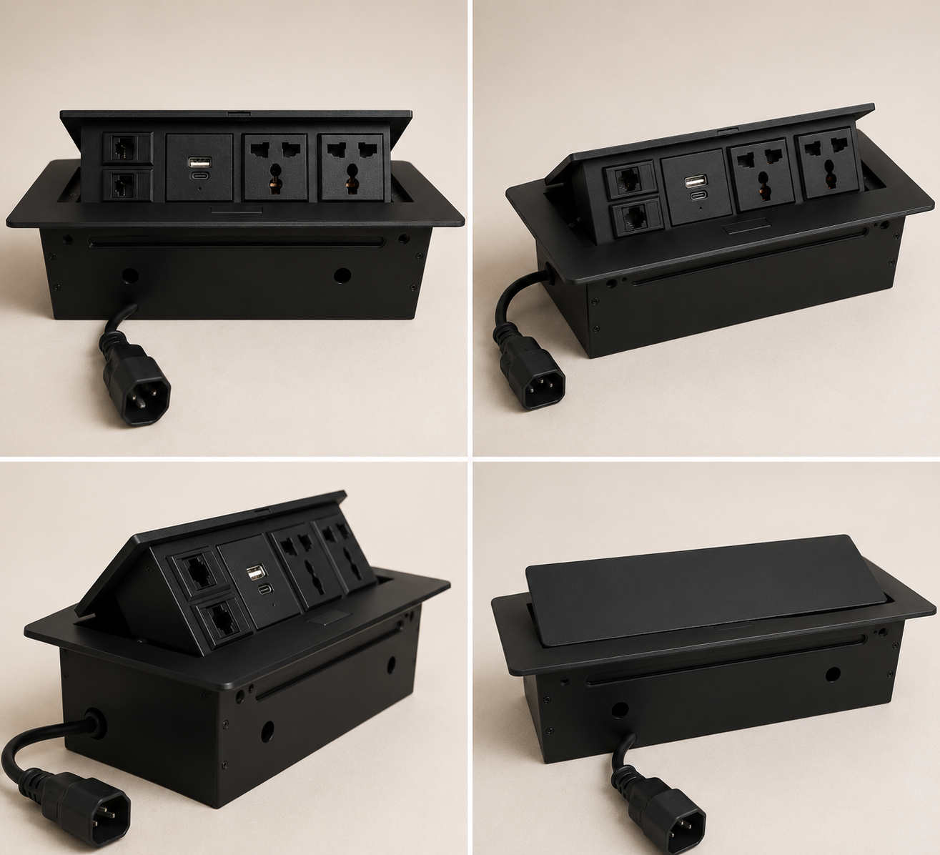 Flip Up Power Socket Box with USB Charging, Internet Ports and Dual Power Outlets for Office Tables, Conference Rooms, Meeting Desks and Workstations