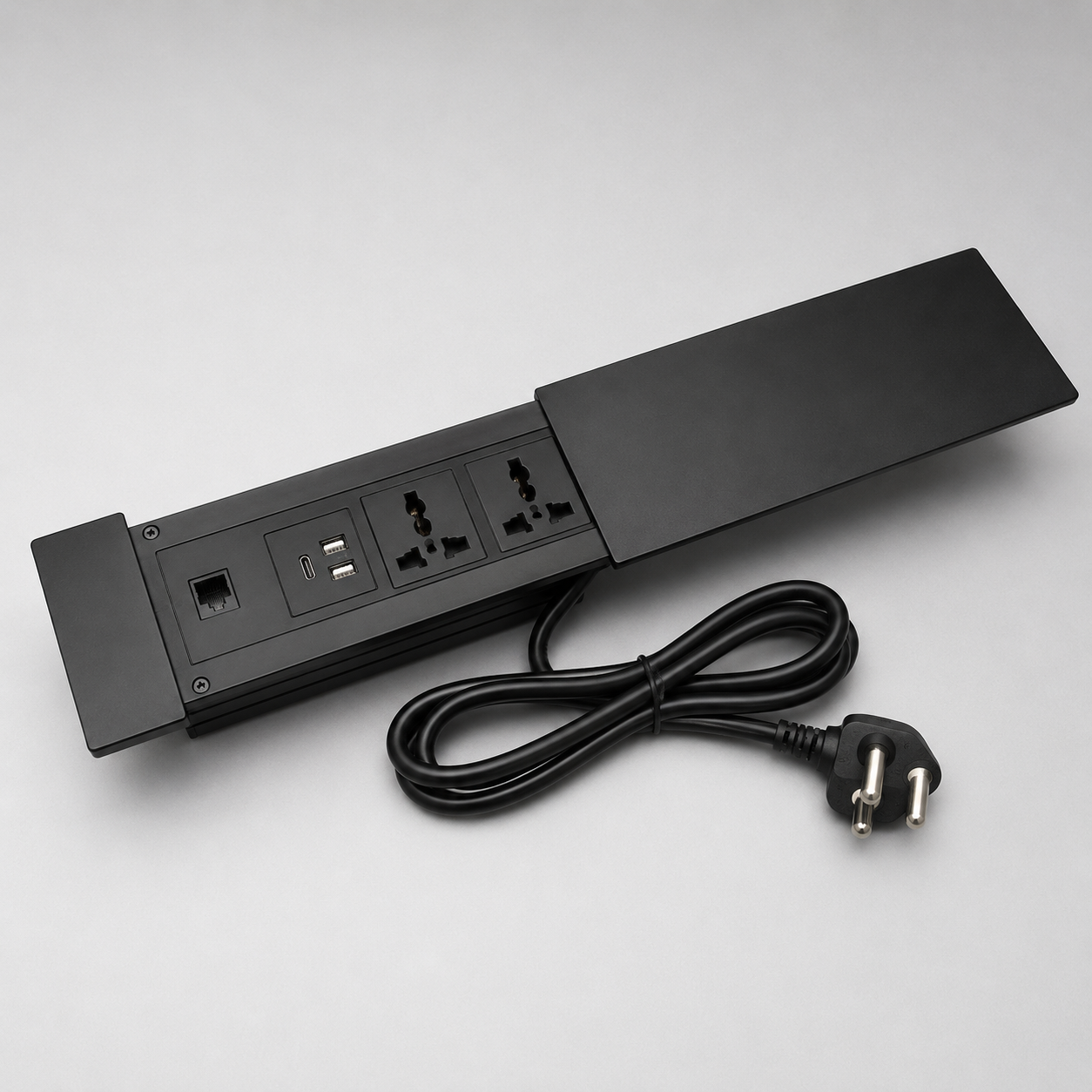 Sliding Cable Cubby Box with Power Socket, USB Charging, HDMI and LAN Port for Conference Tables, Office Desks, Counters and Workstations