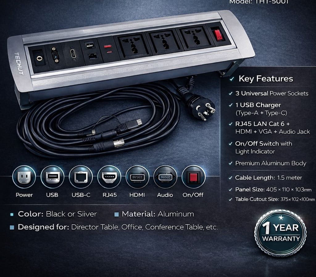 Motorized Rotating Pop-Up Box with 3 Universal Power Sockets, Audio Ports | Aluminum Tabletop Power Module for Conference and Director Tables